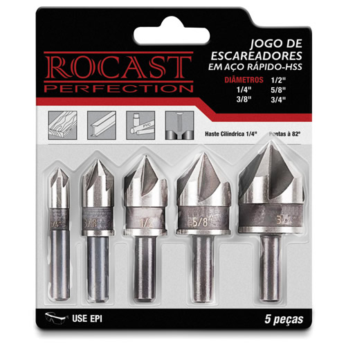 Jogo de Escareadores 5 peças 1/4" - 3/4" Rocast 