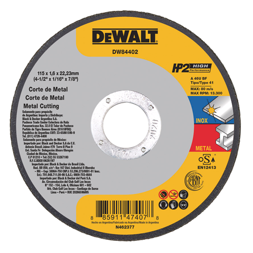 Disco de Corte Fino 4.1/2"x1,6mm DW84402 Dewalt  3420.10007 